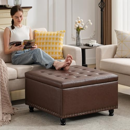 Tbfit Large Square Storage Ottoman Bench, Button Tufted Upholstered Coffee Table Ottoman with Wooden Legs, Oversized Storage Ottomans Toy Box Footrest for Living Room, Brown