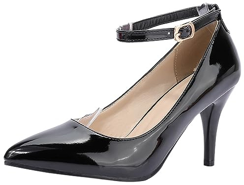 Gicoiz Hommes Femmes Travail Bride Cheville Pointu Aiguille Escarpin Mode Cuir Verni Talons Hauts Chaussures Bout Fermé Formal Chaussures de Soirée Noir Taille 43 EU-45Cn