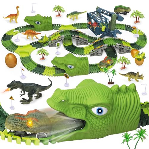 Ulikey Autorennbahn Dinosaurier Spielzeug Schienen, 288 Stück Dino Rennbahn Autobahn Kinder Mit 2 Rennwagen und 6 Dinosaurier Figuren, Dinosaurier Spiele Rennbahn Kinder Geschenk für 3 4 5 Jahre