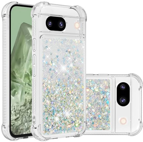 IMIRST telefonfodral kompatibelt med Google Pixel 7a Bling flytande glitter silikonskal stötsäkert Kawaii airbag skyddande fodral för Google Pixel 7a. YBW kärlek silver