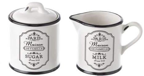 Juego de Azucarero y Lechera de Stoneware Negra Blancos Vintage para Cocina France, Paris (Azucarero y Lechera)