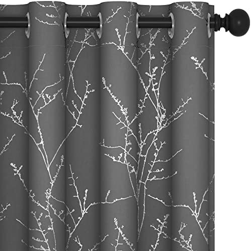 Deconovo Blackout Curtains Eyelet, Silver Tree Branches Printed Curtains for Nursery, Grey, 52 x 63 Inch (Width x Length), 2 Panels