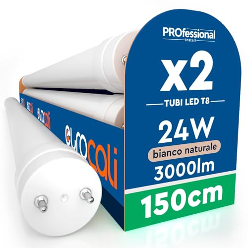 2 Tubi LED 24W 150cm T8 G13 SMD con Starter 3000 Lumen Sostituzione Neon | Garanzia 3 Anni - Luce Naturale 4000K - Alta Luminosità 125 lm/W - per Soffitto Garage e Negozio in Materiale Nano Plastic