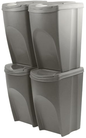 Set di 4 Bidoni Cestini Pattumiere Sortibox | Grigi | Impilabili | Raccolta Differenziata Riciclaggio | in Plastica | 140 Litri (4x35L) | per Casa Interni