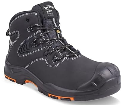 Mens Waterproof Work Safety Boots - Quest S3 SRC Durable Lightweight Non Slip Shoes with Protective Nubuck Leather Upper | Comfortable Heat Resistant Sole Safety Shoes Men | Black Work Boots | Titan