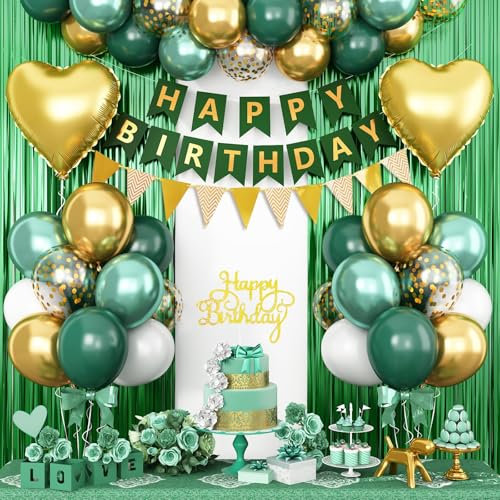 Green Birthday Decorations, Emerald Green Gold Birthday Balloons Set