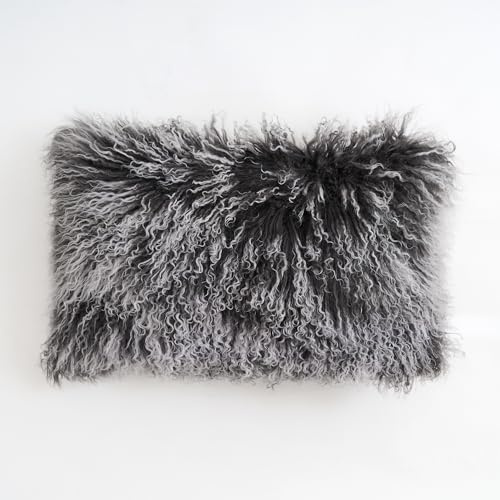 Generico Cuscino in pelliccia di agnello tibetano e mongolo fatto a mano – 30 cm x 50 cm | Decorazione d'interni etnica di lusso (Grigio Ghiacciato)