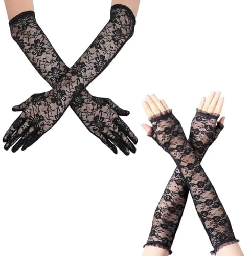 VVQWCY 2 Paare Lange Spitzenhandschuhe, Schwarze Fingerlose Handschuhe Damen and Schwarze Ellenbogenlange Handschuhe, Elegant Spitzenhandschuhe Schwarz für Partys, Hochzeiten 1920s Costume (2pcs)