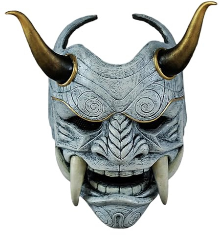 Porgeel Oni-mask, skrämmande samuraj-mask med tänder och oxhorn, 11 x 9,5 cm skräckdjävul med elastiskt band för Halloween, maskerad, cosplay-rekvisita