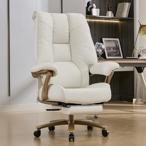 EXCEBET Chaise de Bureau Direction, Fauteuil de Bureau XXL 180kg, Chaise Ordinateur Grand et Grand avec Ressorts Ensachés et Mousse Moulée, Siège Ergonomique avec Repose-Pieds (Blanc)