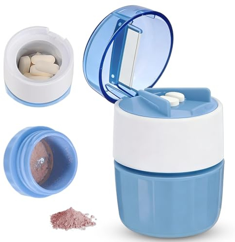 YIQILAIYA 3 en 1 Triturador de Pastillas con Cortador y Compartimento para Comprimidos, Dispensador de Pastillas para Vtaminas, Comprimidos y Pastillas, sin BPA, Azul