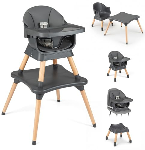 COSTWAY High Chair for Babies and Toddlers, 9 in 1 Convertible Baby Highchair with Solid Wood Legs, Removable Tray, Harness & Waterproof Seat Cushion, Infant Feeding Chair for 6-36 Months (Dark Grey)