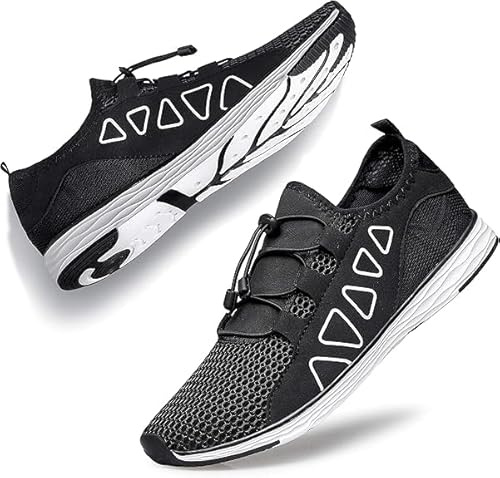 Raoendis Water Shoes Mens Womens - Quick Drying Aqua Shoes Unisex Beach Water Trainers for Swimming Surfing Diving Sailing Black White Size 11