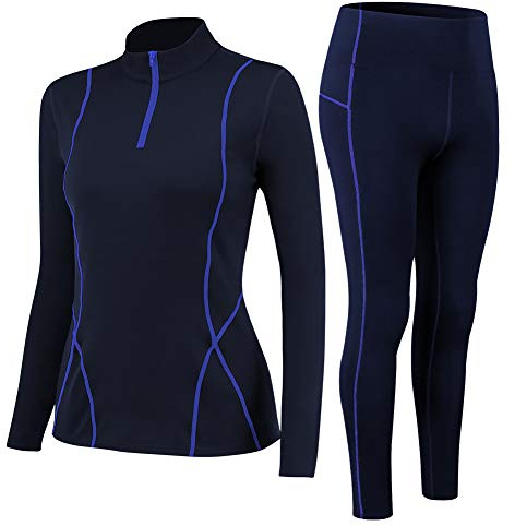 Fengzio Intimo Termico Donna Invernale, Maglia Termica Donno Funzionale Pantaloni e Maglie con Cerniera, Tuta Termice Donne Set per Sci Corsa Palestra-Blu,M