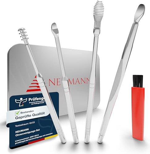 NEUMANN® Wiederverwendbares Ohrenreinigungs-Set - rostfreier Edelstahl - Handliche Aufbewahrungsbox (Schlinge, Spirale & Löffelform) Premium Ohrenschmalz-Entferner für Erwachsene [Silber Edelstahl]