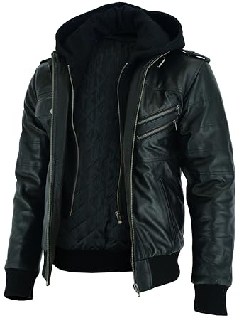 Vance Herren Echt Lederjacke aus 100% Rindsleder XL Abnehmbarer Hoodie