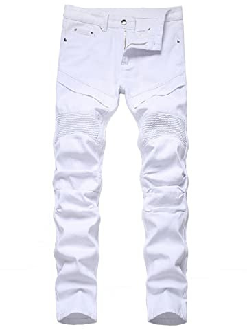 AIYINO Mens Biker Jeans Ripped Regular Straight Leg Stylish Denim Jeans All Waist 30 White