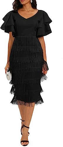 VERWIN Women's Fringe Maxi Dress High Waist V Neck Tiered Tassels Dress Ruffles Sleeve Bodycon Prom Dress L Black