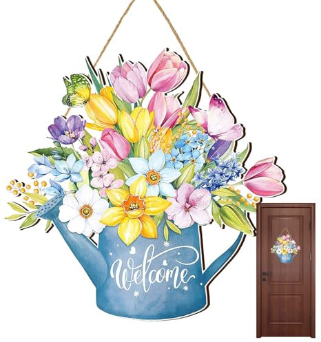 Anulely Targa per porta con fiori – Targa decorativa in legno da appendere con motivi floreali, arazzi, cartelli di benvenuto per la casa, decorazione della porta per festival, compleanni, matrimoni