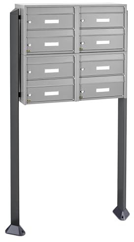Banjado® Burg Wächter Briefkasten mit Standfuß/Briefkasten 8 Parteien/Standbriefkasten Edelstahl/Standbriefkasten freistehend/Freistehender Briefkasten mit Namensschild