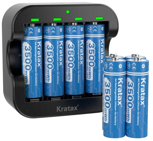 Kratax 1.5V AA Rechargeable Lithium Batteries,3500mWh High Capacity Double AA Li-ion Battery,1600Cycles,Coustant Output for Household Office Device (8*AA Batteries with Black USB Charger)