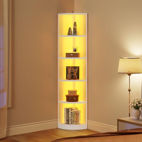YITAHOME Eckregal Bücherregal, Eckregal stehend mit 5 Ebenen, Bücherregal mit Einstellbarer LED-Beleuchtung, Standregal, Aufbewahrungsregal, für Wohnzimmer, Büro, Schlafzimmer, Weiß, 30 x 30 x 180 cm