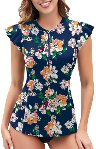 WOWENY Surf UV Shirt - Rashguard Bañadores Mujer Camiseta de baño con Mangas con Volantes y Cremallera de 1/4 Tankini Top Flor Azul S