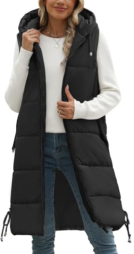 Tuopuda Chaleco Acolchado Mujer Invierno Chaleco de Plumas Chaquetas Largo sin Mangas Chaleco con Bolsillos Abrigos con Capucha(Negro,L)