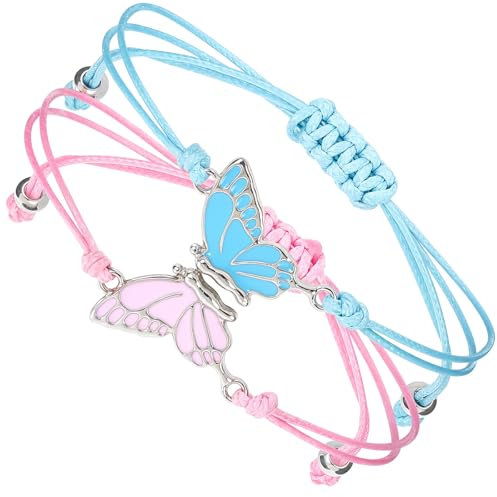 JJUNW Freundschaftsarmbänder, 2Stück Passende Schmetterlingsarmbänder, Verstellbare Schmetterling Freundschaftsarmband Mädchen Beste Freundin Armband für Damen Freunde Matching Bracelet(rosa+blau)