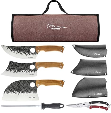 9 PCS Butcher Viking Camping Knife Set, 7 Serbian Chef Knife, 7 Butcher Meat Cleaver, 6.5 Viking Knife, 3 Knife Sheath, Honing Steel, Poultry Shears and Knife Roll Bag (Stylish Horse Pattern)