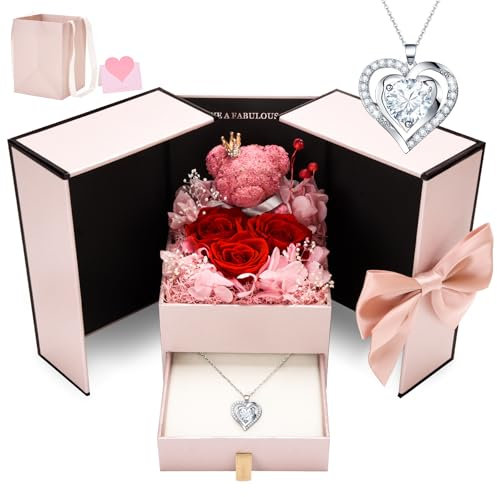CSYY Konservierte Rosen, Ewige Rose Geschenke für Frauen Rose Reinweiße Herzförmige Halskette Handgefertigte Konservierte Rosen Schmuck Geschenkbox Geschenk für Mama Schwester Ehefrau