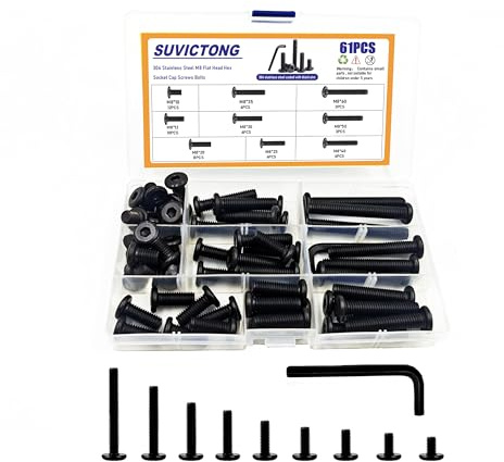 61Pcs M8 Flat Head Hex Socket Cap Screws Assortment Kit, M8x 10mm/12mm/20mm/25mm/30mm/35mm/40mm/50mm/60mm Socket Cap Bolts,304 Stainless Steel 18-8, Full Thread, Black Oxide with Hex Spanner