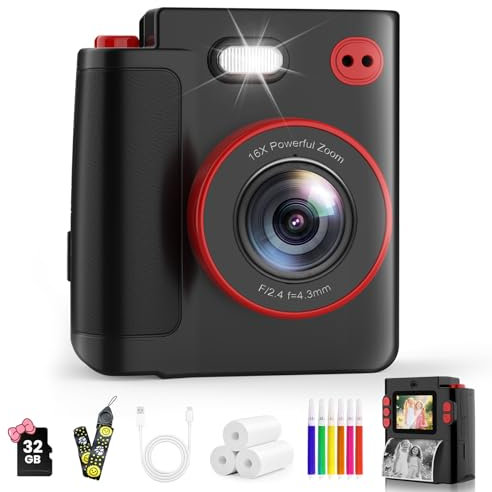 MYSTILUCK Appareil Photo Instantané Enfants, 1080P Appareil Photo Numérique Enfant & Caméra Vidéo avec Carte de 32GB & Papier d'impression, Noël & Anniversaire Cadeaux pour Garçons/Filles de 3-12 Ans