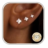 HEEYA 3 Paires Boucles d’Oreilles Argent 925 Pour Femme Fleur Piercings Oreille Cartilage, Zirconium Cubique 5A 3/4/5mm Clous Hypoallergéniques avec Boîte Cadeau