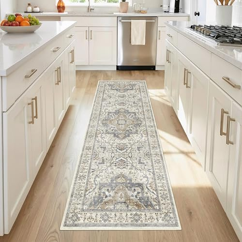 EiniHliw Washable Hallway Runner Rug - 2x6 Kitchen Rug Distressed Low Pile Mats Non Slip Soft Rugs for Dining Room with Rubber Backing Bedroom Runner with Vintage Design (Beige/Blue 2x6)