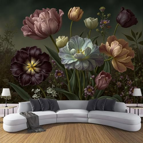 Papel Pintado Naturaleza Muerta Flores Paisaje 400An×280Al cm Efectos 3D Papel Tapiz, Barroco Tulipán Fotográfico Tejido No Tejido XXL Póster Fotomurales Pared Para Dormitorio Salón Murales