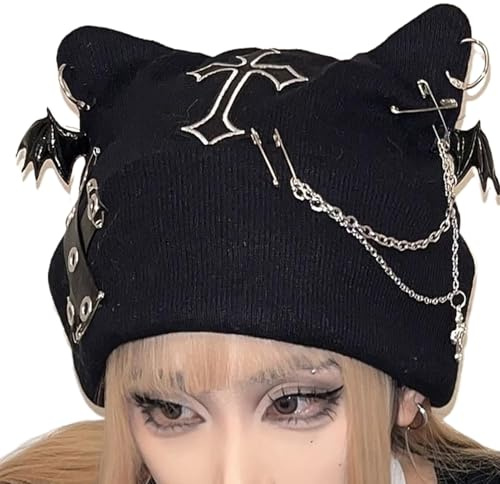 Kattöronmössa Kedjedesign Stickad Punk Accessoar För Streetwear | Varm Goth Vintermössa för Kalla Vinterdagar per Veicoli Camion SUV su Strade Ghiacciate e Fangose in Inverno