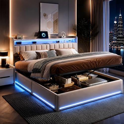Cama de Matrimonio 160x200 con Canapé Abatible y Somier, Cama Tapizada de Terciopelo con Cabecero LED y Puertos USB/Tipo-C, Estructura de Madera Maciza con Gran Almacenaje, Color Gris (Sin Colchón)