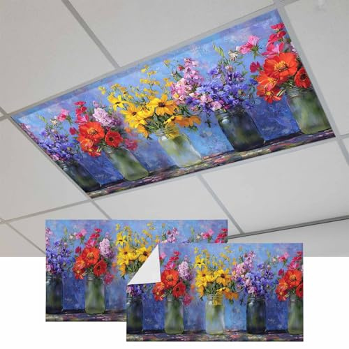 Fluorescent Light Covers, Spring Flowers Magnetic Light Covers for Ceiling Lights, Colorful Vases Floral Oil Painting Art Fluorescent Ceiling Shade Filters for Classroom Bedroom Office 4x2Ft x 2PCS