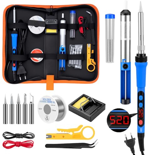 Wvoillty 120 W Kit de Fer à Souder Numérique, Ecran LCD, Température Réglable 180-520 °C, Kit Soudage 15 en 1 Comprenant 5 Pannes, Une Pompe à Dessouder et La Soudure Pour L'électronique ﻿ ﻿ ﻿ ﻿ ﻿