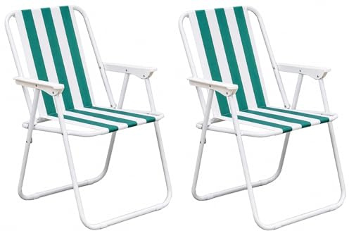 Set of 2 Folding Camping Chairs Lightweight Portable Outdoor Deck Chairs Green White Striped Garden Seats with Metal Frames Weather Resistant Fabric Picnic Fishing Beach Festival Chairs