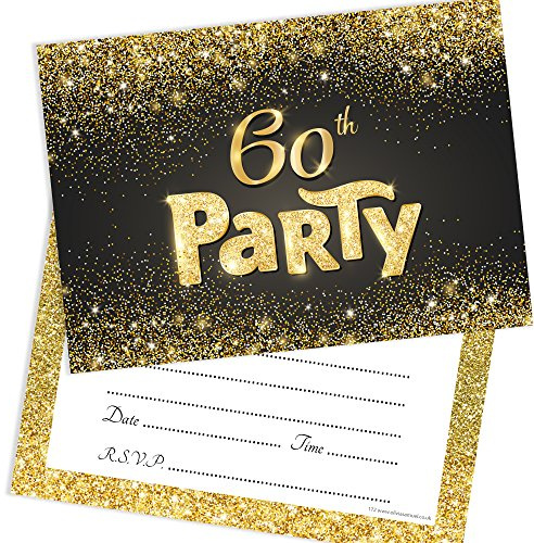 Olivia Samuel Lot de 20 cartons d'invitation pour 60e anniversaire Noir et doré Prêt à écrire avec enveloppes
