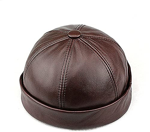 Qklovni Gorra de piel auténtica, gorra de marinero, gorro de sombrero, gorro retro enrollado sin ala, marrón, XL