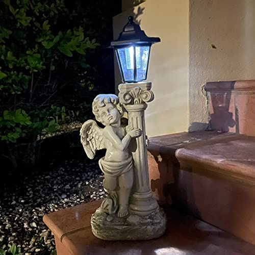 ALOAK Angel Statue with Solar Lights (Left) 19.7 Inch, Outdoor Solar Angel Garden Statue with Roma Pillar for Garden Lawn Deocr, Christian Religious Gift