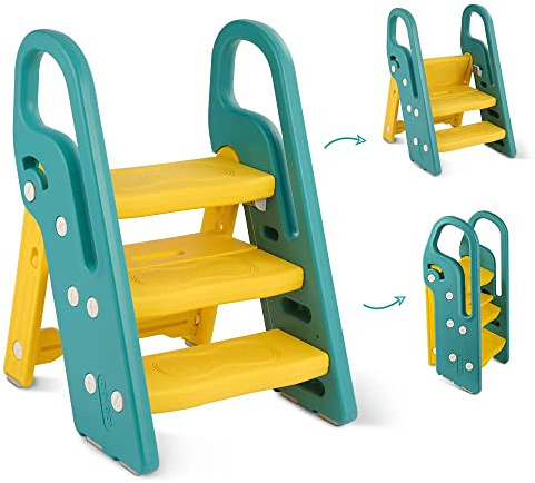 Onasti Sgabello a tre gradini pieghevoli per bambini, Scaletta 3 gradini per bambini, Sedile per Addestramento per WC, Multifunzione, Regolabile in Altezza, Antiscivolo (Verde)