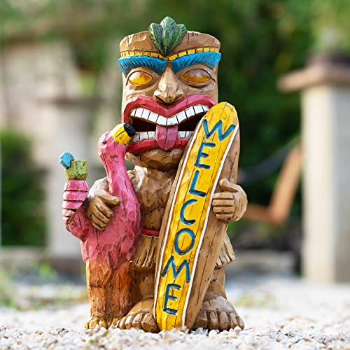 EPTUEGA Solar Tiki Statue Outdoor Decor - Tiki Surfboard Welcome Sign Flamingo Waterproof Figurines for Tiki Bar,Patio,Balcony,Yard,Lawn Decorations,Gardening Gift for Tiki Lover