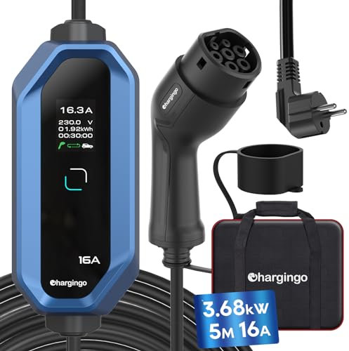 Chargingo Typ 2 Ladekabel Schuko 3,68kW 6-16A Einstellbarer Strom mit LCD-Display, 5M Kabel, Tragbares EV Ladegerät für Allen Elektroautos IEC 62196-2 Typ 2 und CCS2-Stecker, IP65