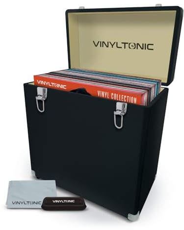 VINYL TONIC Estuche de almacenamiento LP de vinilo de 12 pulgadas | piel sintética | Interior totalmente forrado | Esquinas de acero reforzado | Kit de limpieza incluido, Black, 30,5 cm, Formal