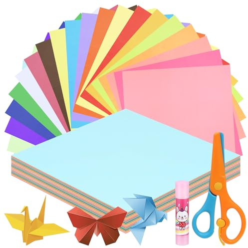 Swpeet Origamipapper med limstift och sax, 200 ark, 200 ark levande färger, 200 ark, färgglatt fyrkantigt papper på båda sidor för gör-det-själv-projekt, skola, hantverk,