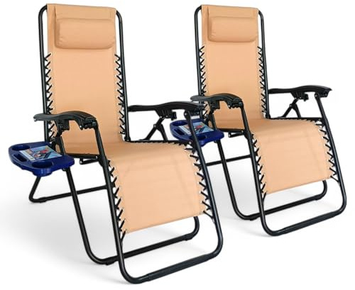 Pincho Tumbona Jardin Exterior Plegable de Gravedad Cero - Pack 2 Sillas Reclinables o Hamacas para Playa, Terraza y Camping con Portavasos, Ligeras y Cómodas (Beige)